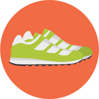 A green and white athletic running shoe with a black and white sole, set against an orange background.