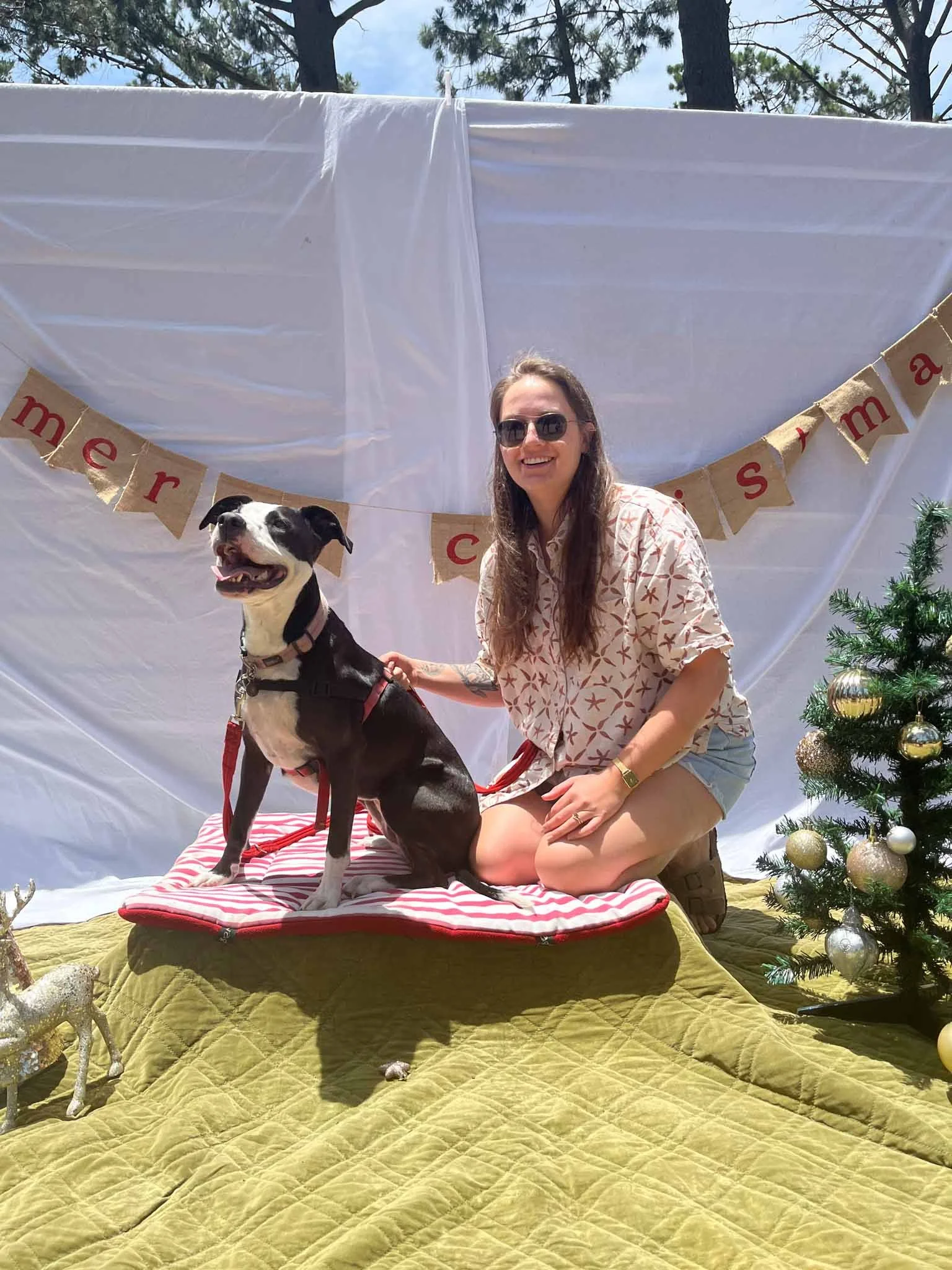 A woman smiling and kneeling next to a black and white dog on a striped pad. They are outdoors with a white backdrop, a "Merry Christmas" banner, a small decorated Christmas tree, and festive decorations, on a quilted yellow blanket.