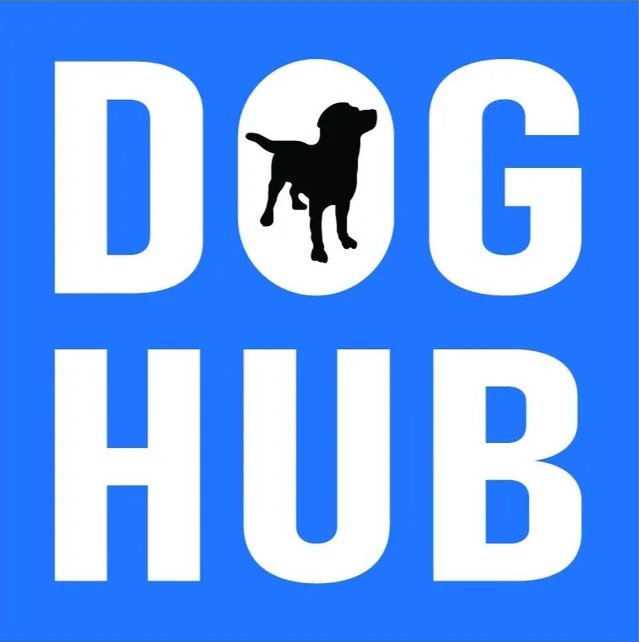 A blue square logo with the words 'DOG HUB' in white, with a black silhouette of a dog replacing the letter 'O' in 'DOG'.