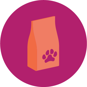 Illustration of a pink pet food bag with a purple paw print on it, set against a purple circular background.