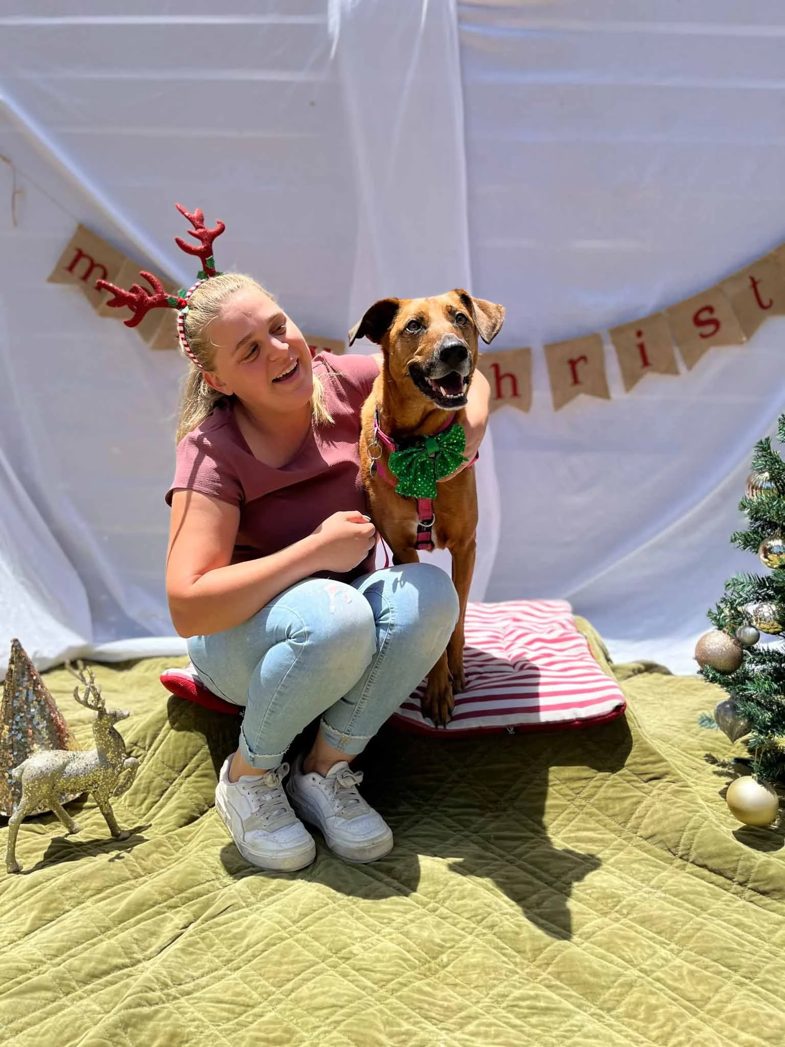 A young woman with reindeer antler headband and light blue jeans squatting next to a brown dog with a green bow tie, in front of a white backdrop with a "Christmas" banner, Christmas tree, reindeer decoration, and pillows on a quilted blanket.