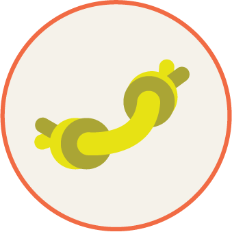 A yellow and green curved plastic toy or object inside a white circle with a red border