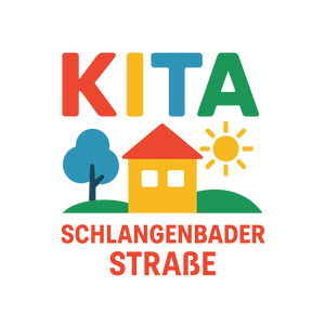 Bunte Buchstaben und Symbole, darunter ein Baum, ein Haus, die Sonne und Text 'Schlangenbader Straße' in Rot