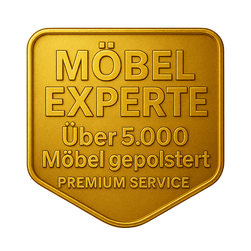 Ein goldenes Schild mit der Aufschrift „Möbel Experte, Über 5.000 Möbel gepolstert, Premium Service“.