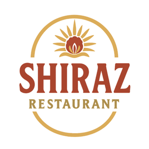 Logo des Shiraz Restaurants mit einer Sonnenblume und Flammen in der Mitte, darunter der Name 'SHIRAZ' in großen Buchstaben und 'RESTAURANT' in kleiner Schrift
