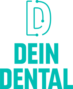Logo mit einem stilisierten Zahn und dem Text 'Dein Dental' in türkiser Schrift auf schwarzem Hintergrund.