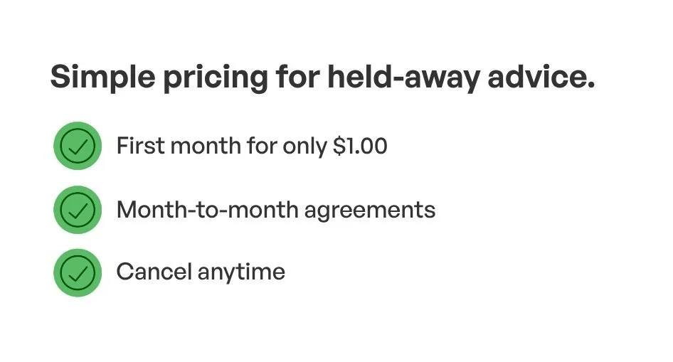 List of pricing benefits with green check marks, including first month for $1.00, month-to-month agreements, and cancel anytime.