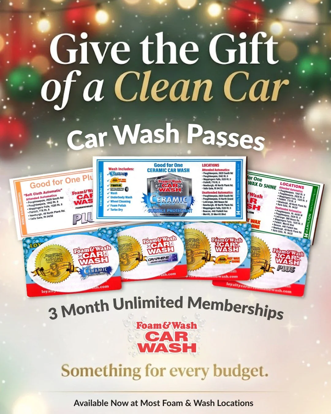 Want simple and easy stocking stuffers without having to wait in long lines at the store? Good news! We sell Foam &amp; Wash Car Wash Passes at our tunnel locations as well as our Merritt Blvd and North Grand self-serve locations!

You can also purch
