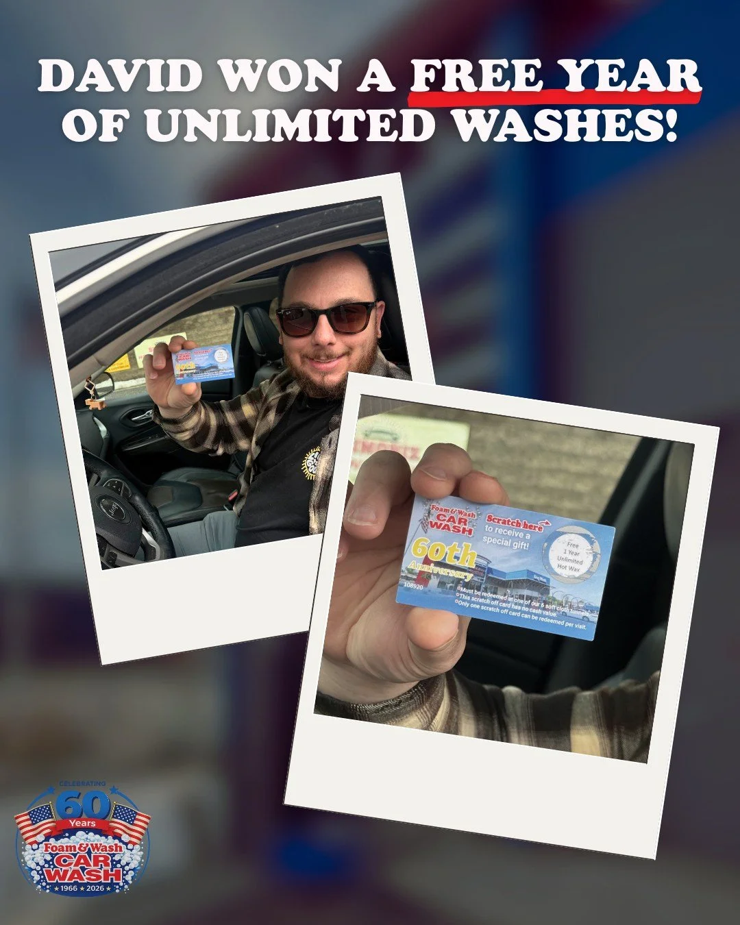 We just found our first winner of a FREE one-year Hot Wax Unlimited Wash Membership! Watch out for more scratch-off weekends during our 60th anniversary celebrations!