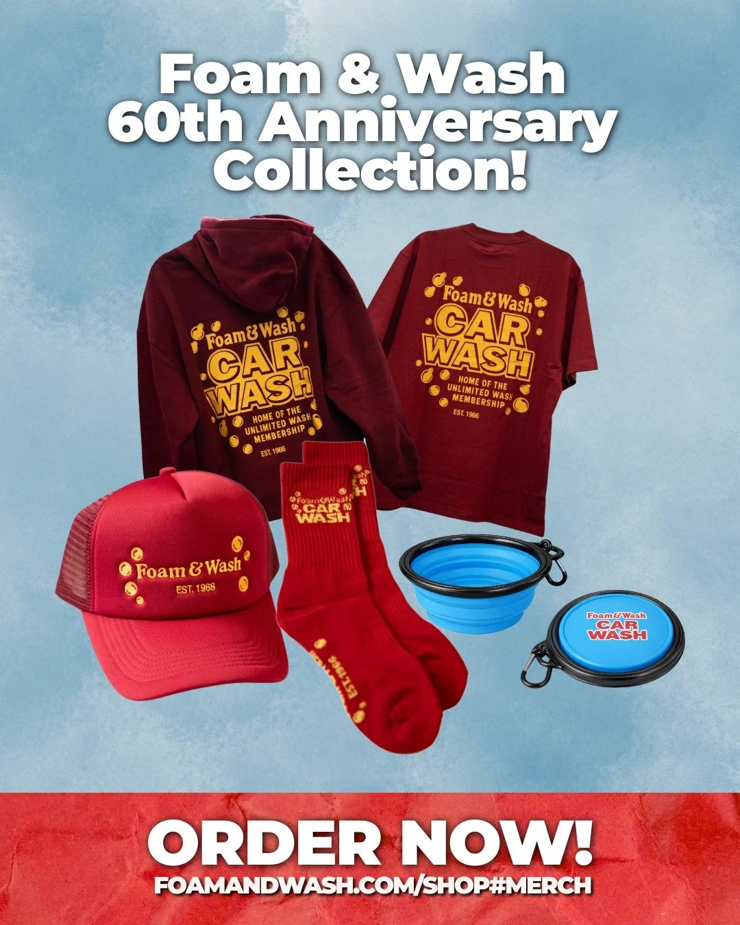 The Foam &amp; Wash 60th Anniversary Collection is LIVE! Visit us online to shop for fun, retro merch! 😀