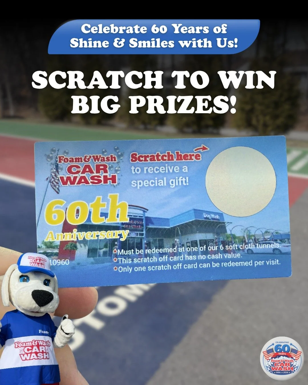 In honor of our 60th anniversary, we're hosting another Scratch-Off Weekend! 😊 You can grab your scratch-off at any of our 6 soft cloth tunnels starting Friday the 22nd through Monday the 25th *WHILE SUPPLIES LAST! The celebration is big, the prizes