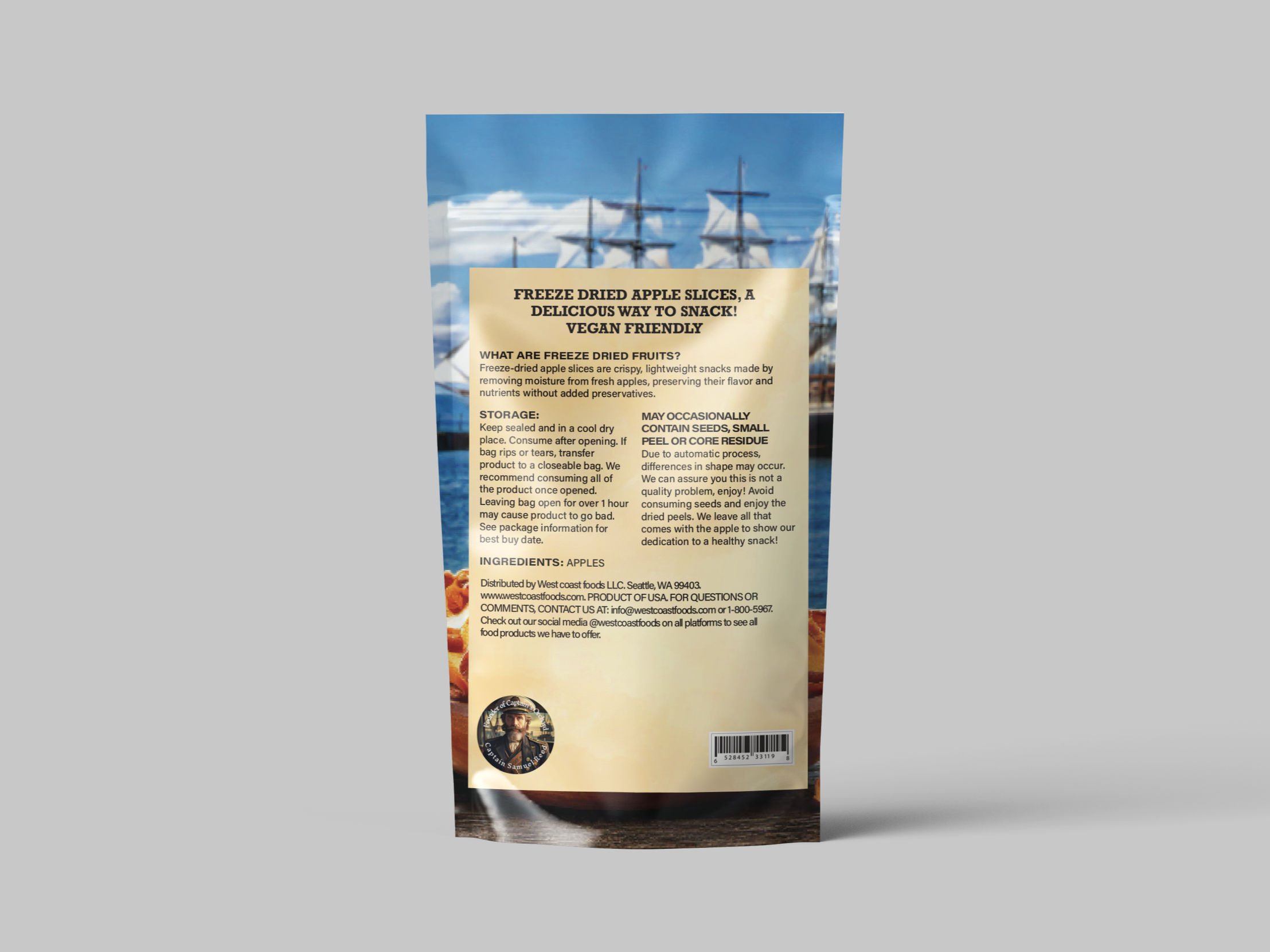 Back of a bag of freeze dried apple slices with an ocean and ship sailing scene.