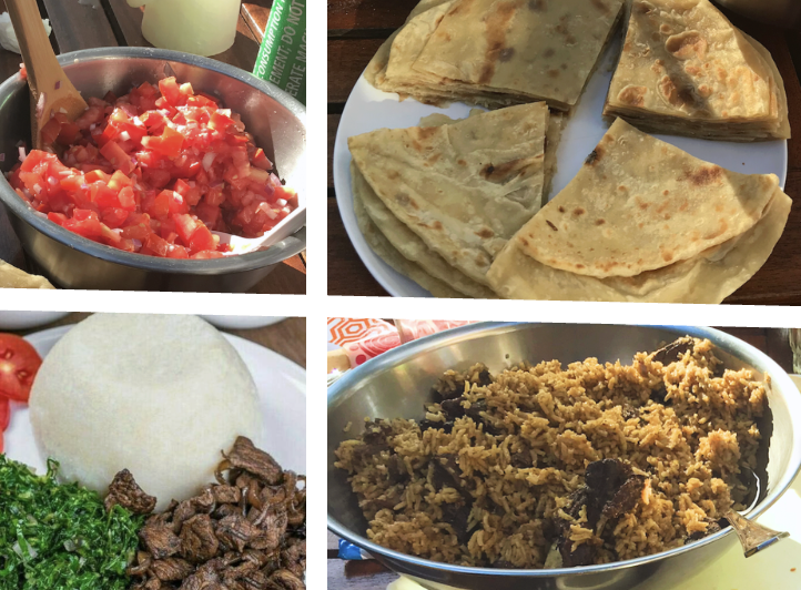 Kenyan delicacies: Swahili Pilau (fragrant one-pot dish - chicken, goat or beef), chapati (flatbread), kachumbari (tomato and onion salad), beef stew with ugali (boiled maize) and sukuma wiki (kale)
