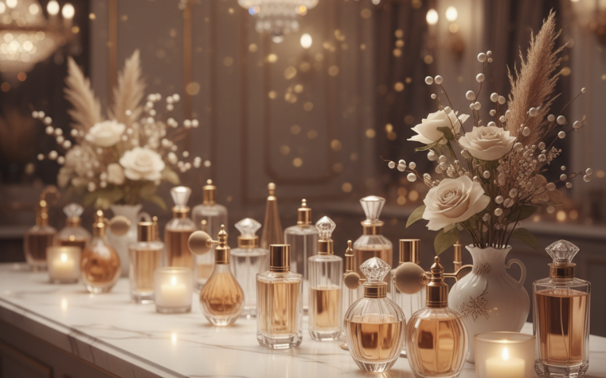 Elegant display of perfume bottles and floral arrangements on a table, with candles and warm lighting in the background.