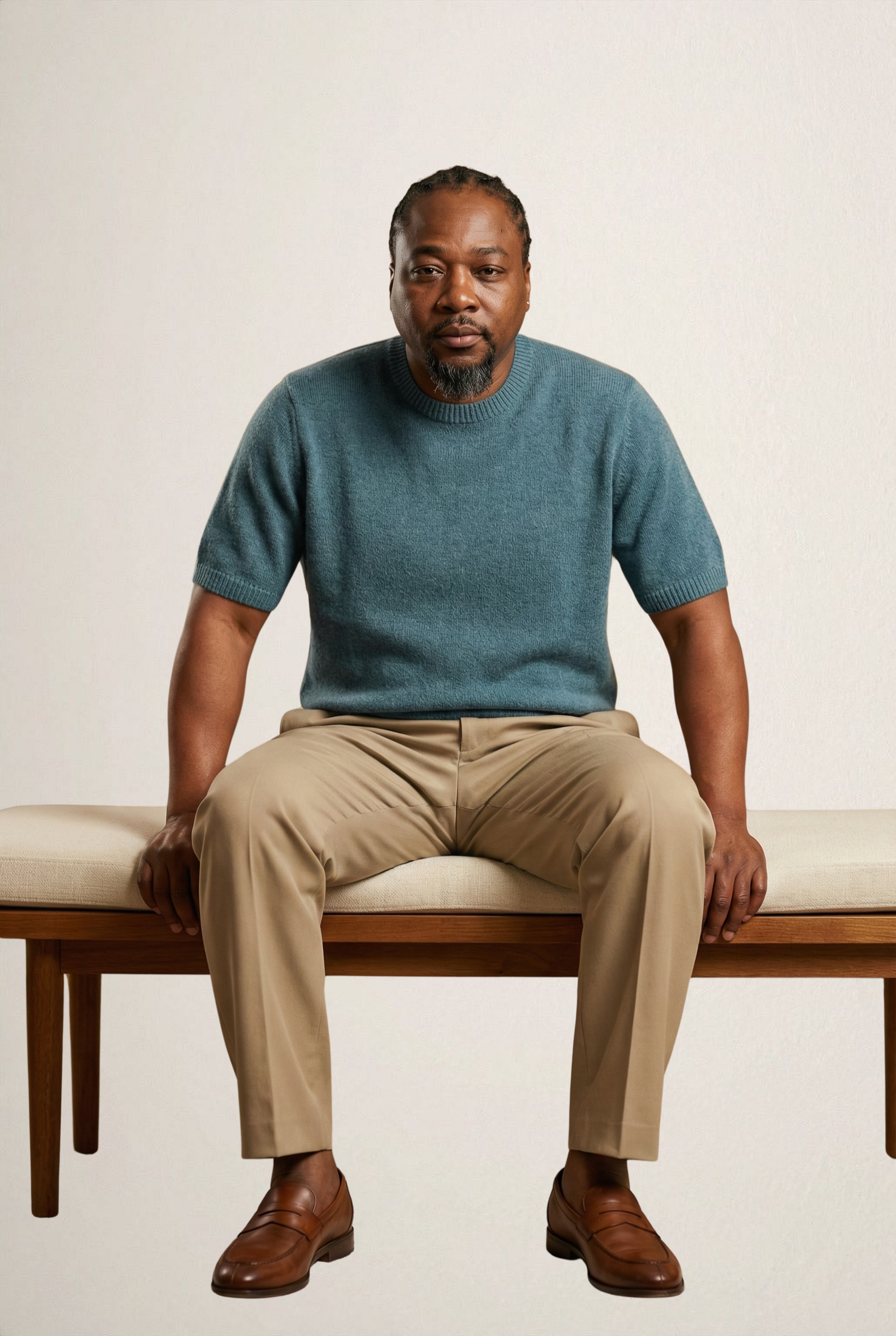 A man sitting on a wooden bench with a beige cushion, wearing a teal short-sleeve sweater, khaki pants, and brown loafers, in front of a plain off-white background.