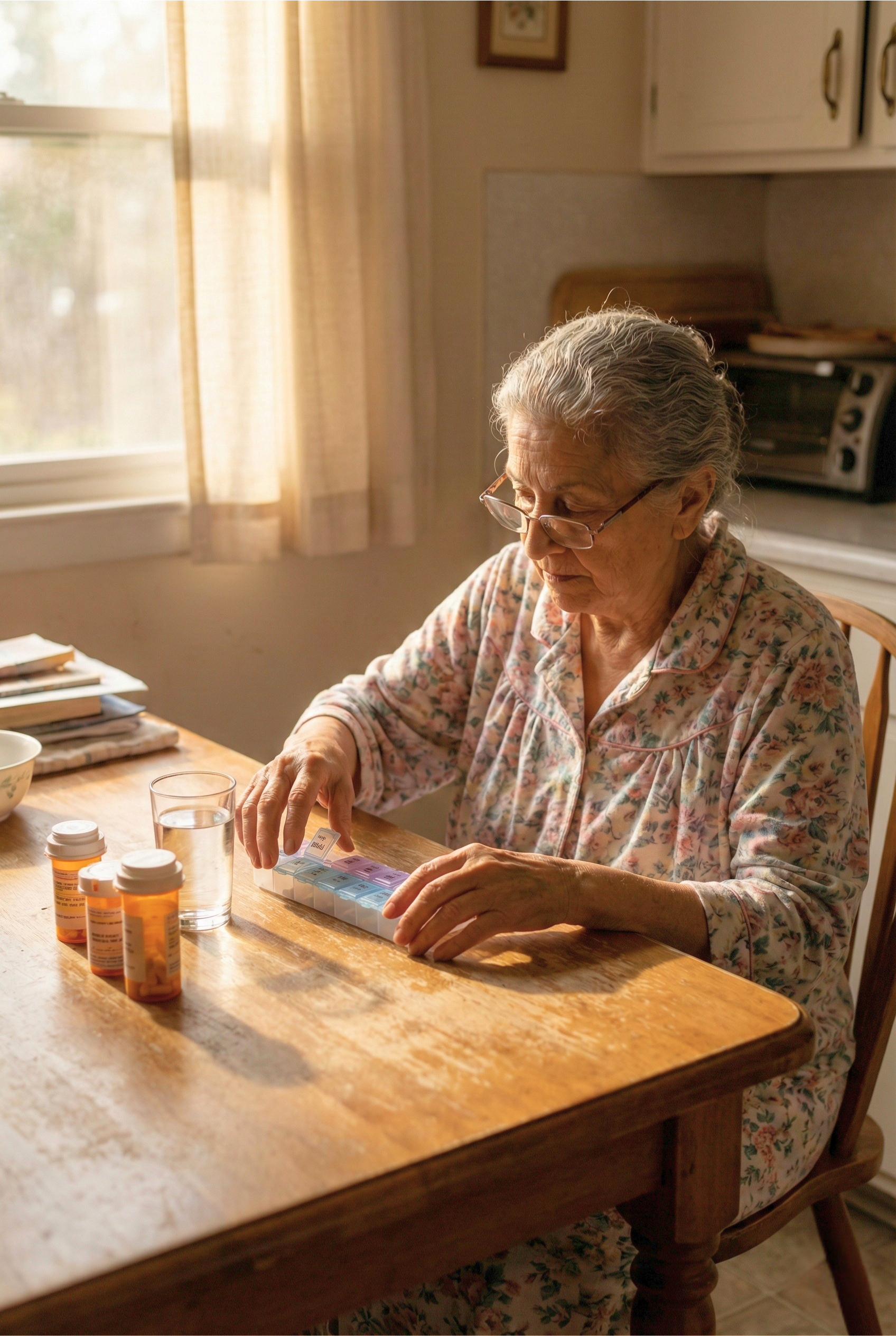 An elderly woman with glasses and floral pajamas sitting at a wooden table, organizing prescription medication in a pill organizer beside a glass of water and pill bottles, with sunlight coming through a window.