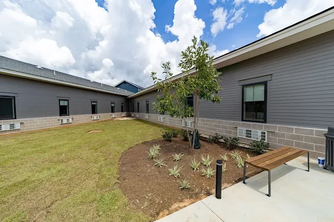 A small landscaped area with a young tree and small plants, surrounded by a grassy lawn, located outside a gray building with multiple windows and air vents, under a partly cloudy sky.