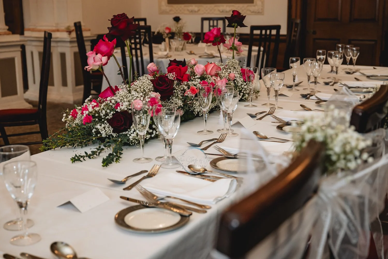 Table set for the wedding reception at Wortley Hall