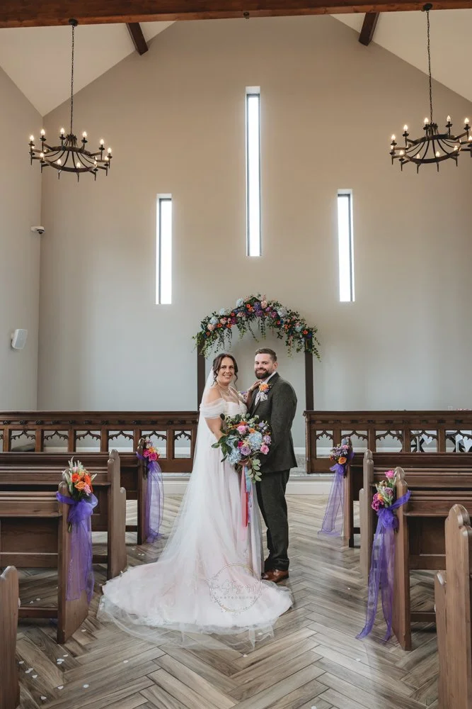 Bride and groom in the chapel at Burntwood Court in Barnsley