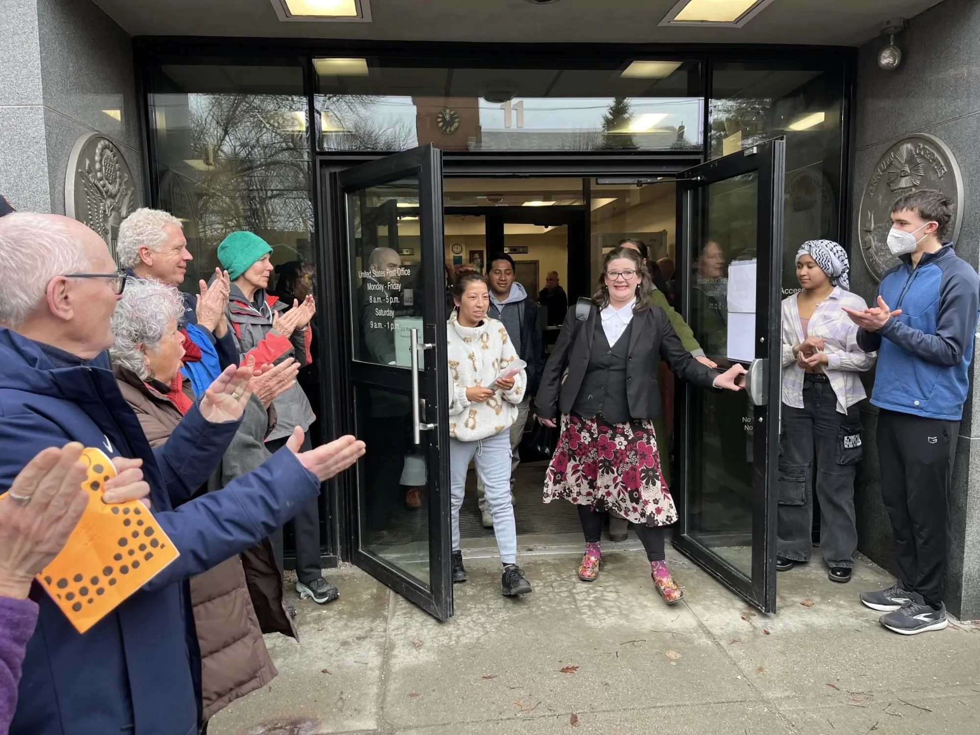 Jisella Johana Patin Patin walking out of the courthouse with Kristen Connors
