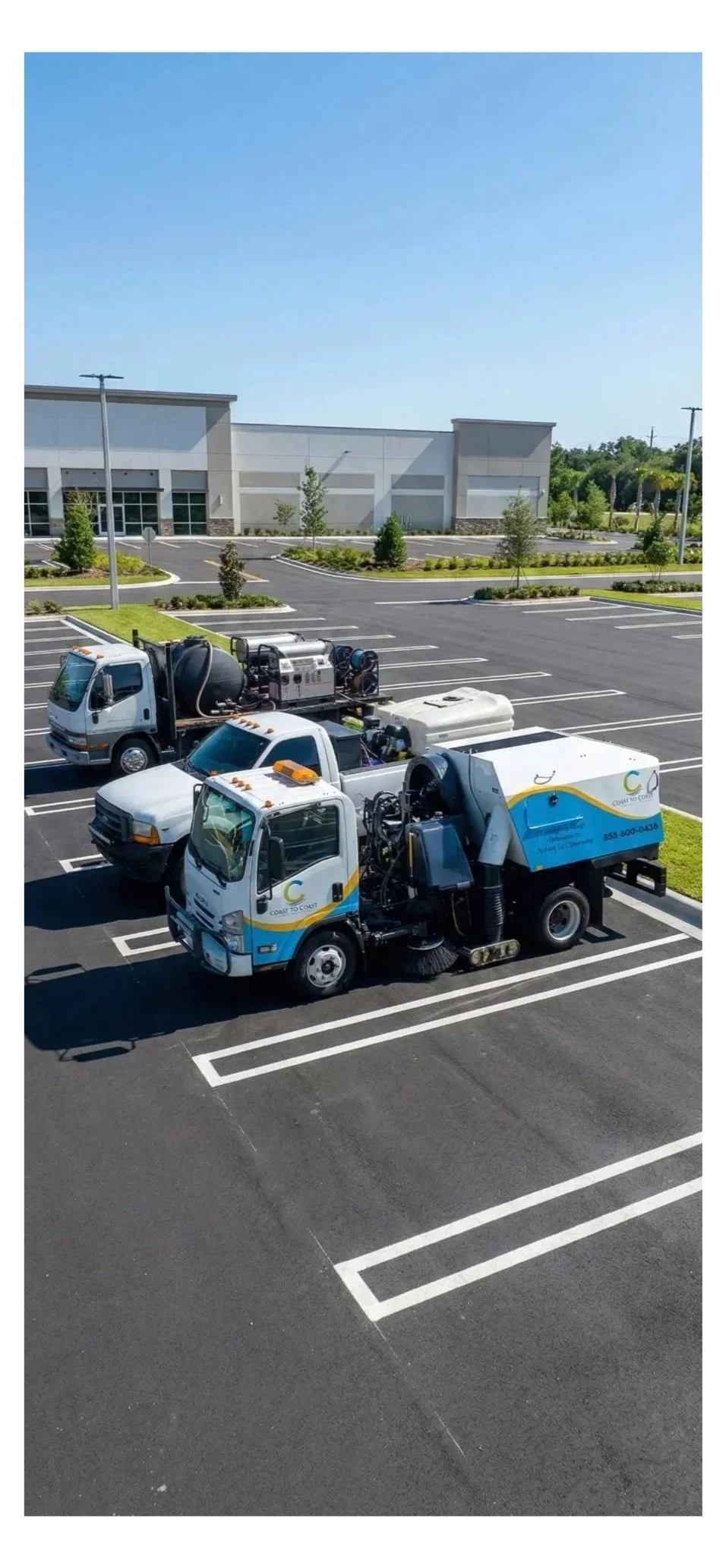 Empty parking lot with two street sweepers and a pickup truck parked.