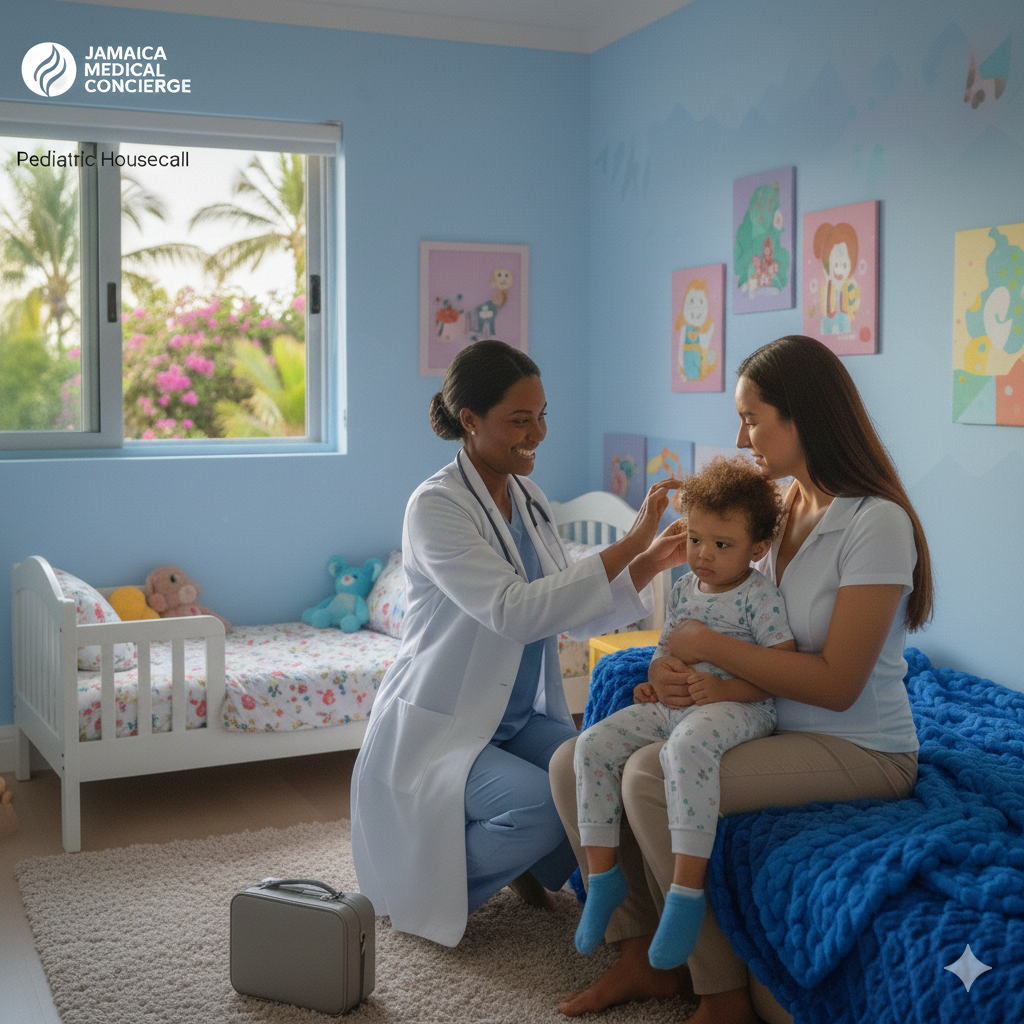 A pediatrician examines a young boy while his mother holds him in a child's bedroom decorated with colorful artwork and stuffed animals, with a window showing palm trees outside.