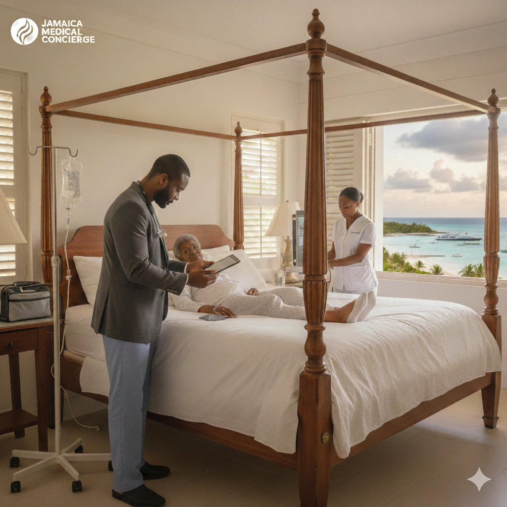 A woman lying in a hospital bed with a canopy in a room with a sea view, accompanied by a man in a suit and two nurses, one taking notes and the other standing by.
