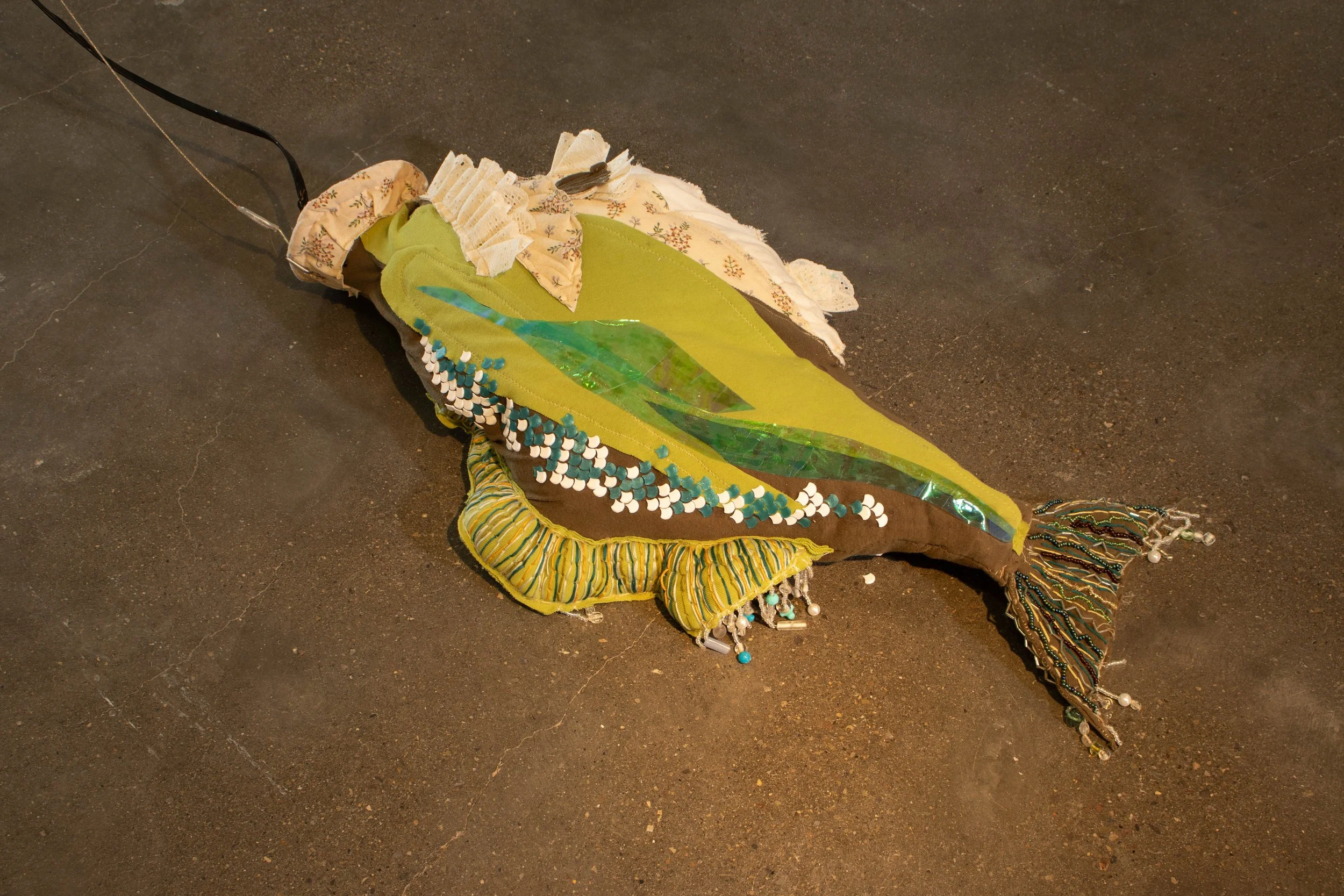 Gasping For Air | 2024 | Soft Sculpture, Fabrics, Embroidery Thread, 3D Printed Scales, Beads, Chain, Arduino Code with 2 Servos