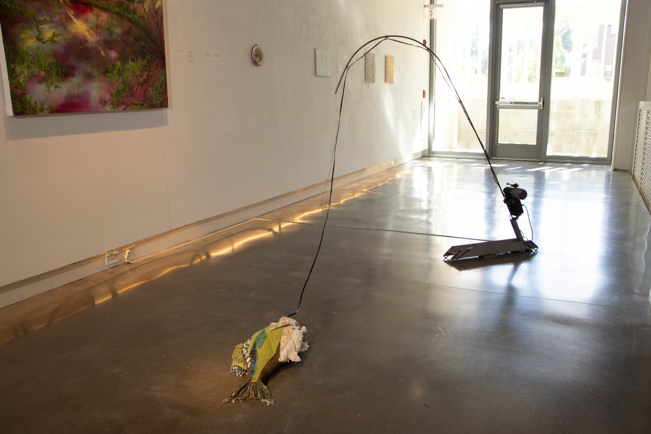 Gasping For Air | 2024 | Metal Sculpture, Wire, Power Box, Soft Sculpture, Fabrics, Embroidery Thread, 3D Printed Scales, Beads, Chain, Arduino Code with 2 Servos | 113" l x 59" h x 40" w