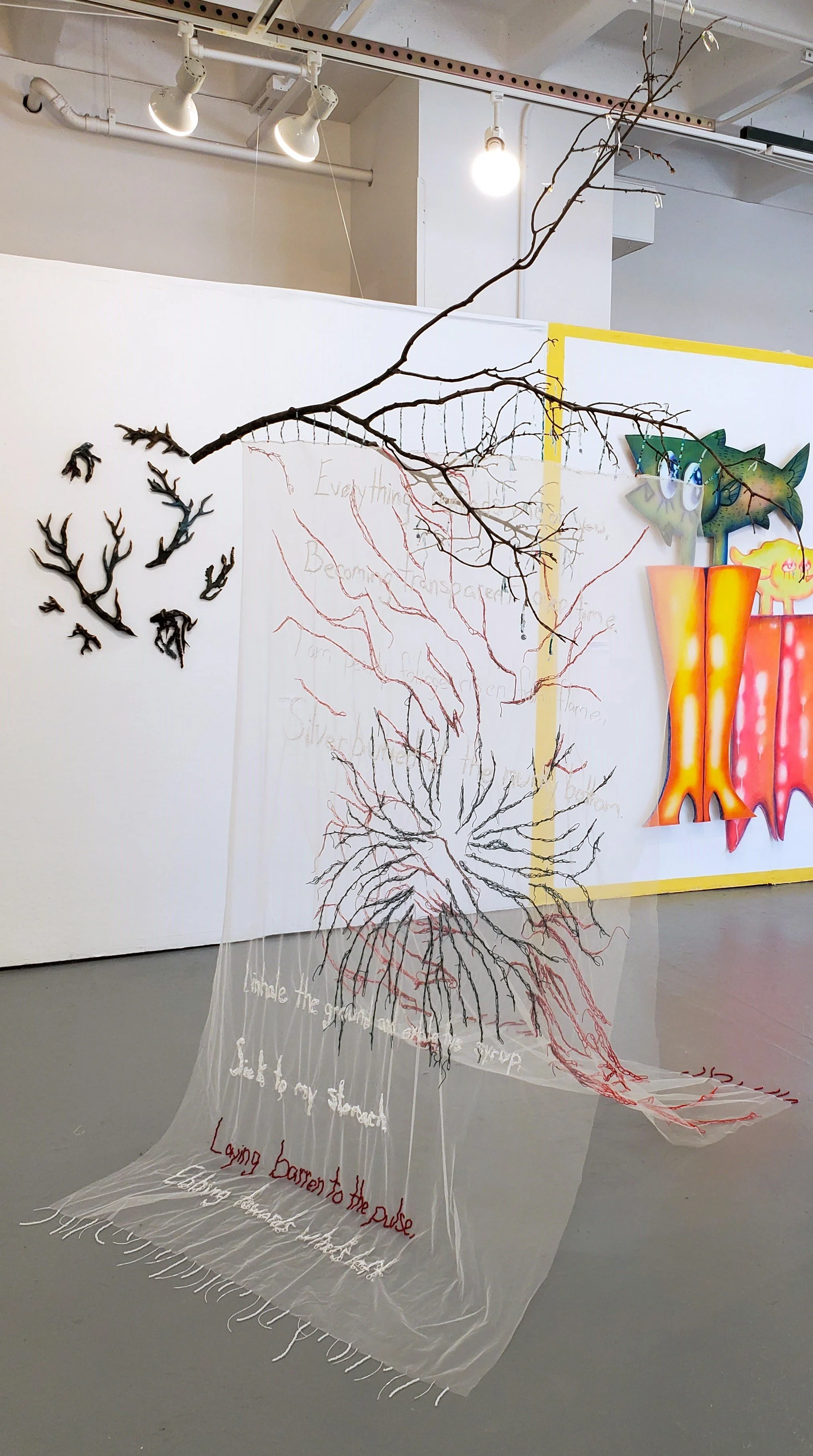 The Schism of Being Submerged | 2024-25 | Tulle, Embroidery Thread, Seed Beads, Found Branch, Fishing Wire, Oil Paint | 102" x 65" x 61"