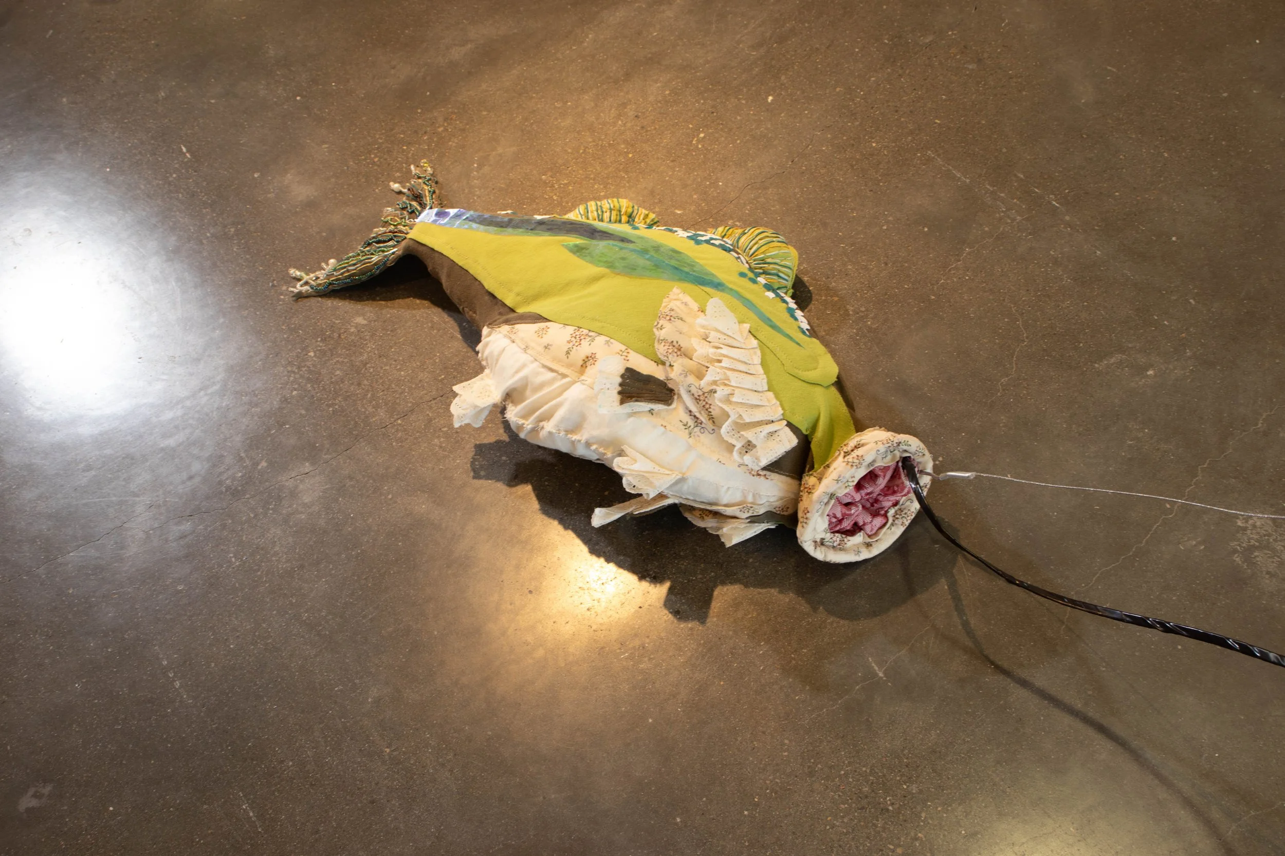 Gasping For Air | 2024 | Soft Sculpture, Fabrics, Embroidery Thread, 3D Printed Scales, Beads, Chain, Arduino Code with 2 Servos
