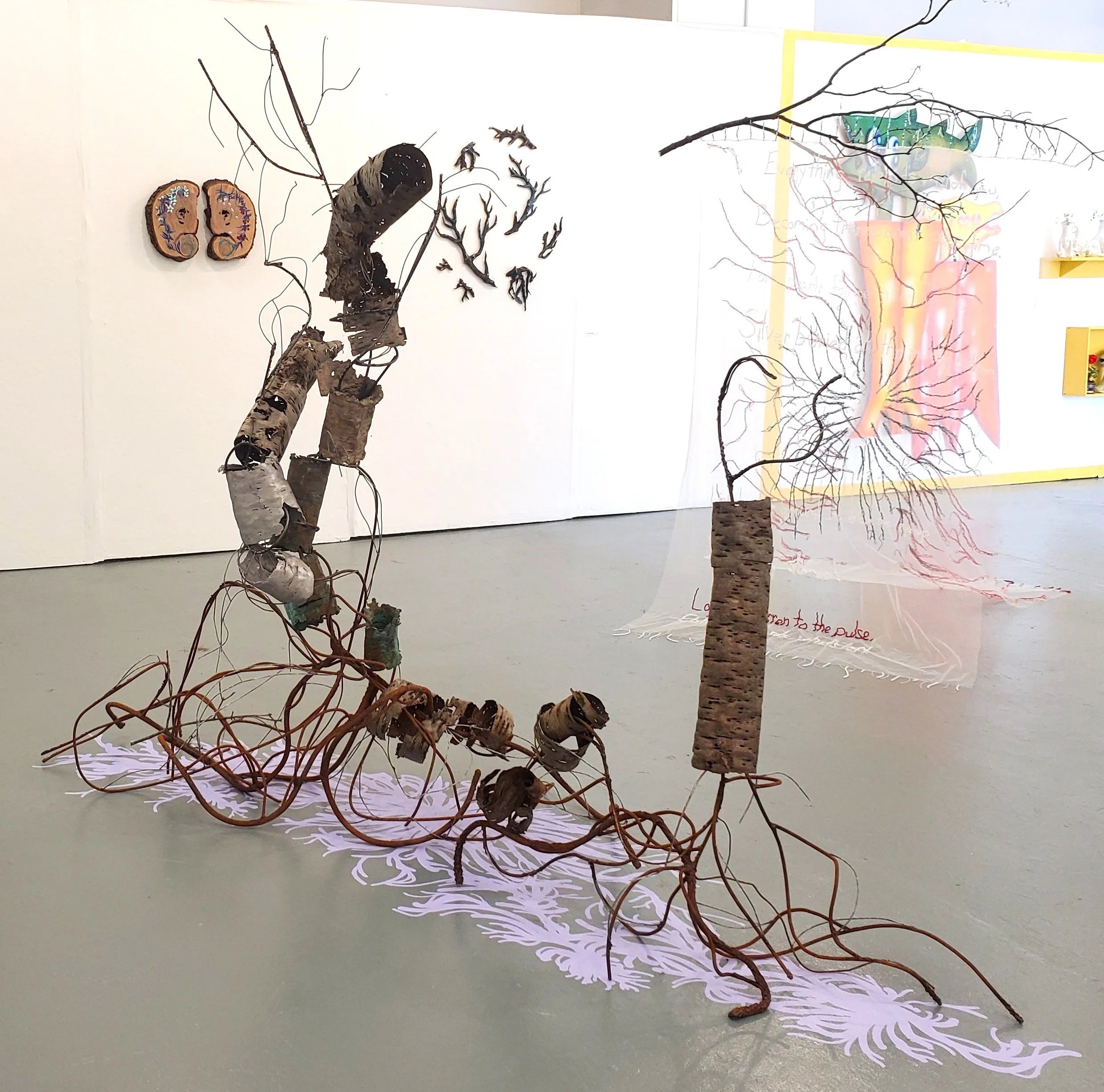 Carry on in Resemblance | 2025 | Cast Bronze and Aluminum, Round Stock, Wire, Welds, Paint, Birch Bark | 101" x 30" x 72"