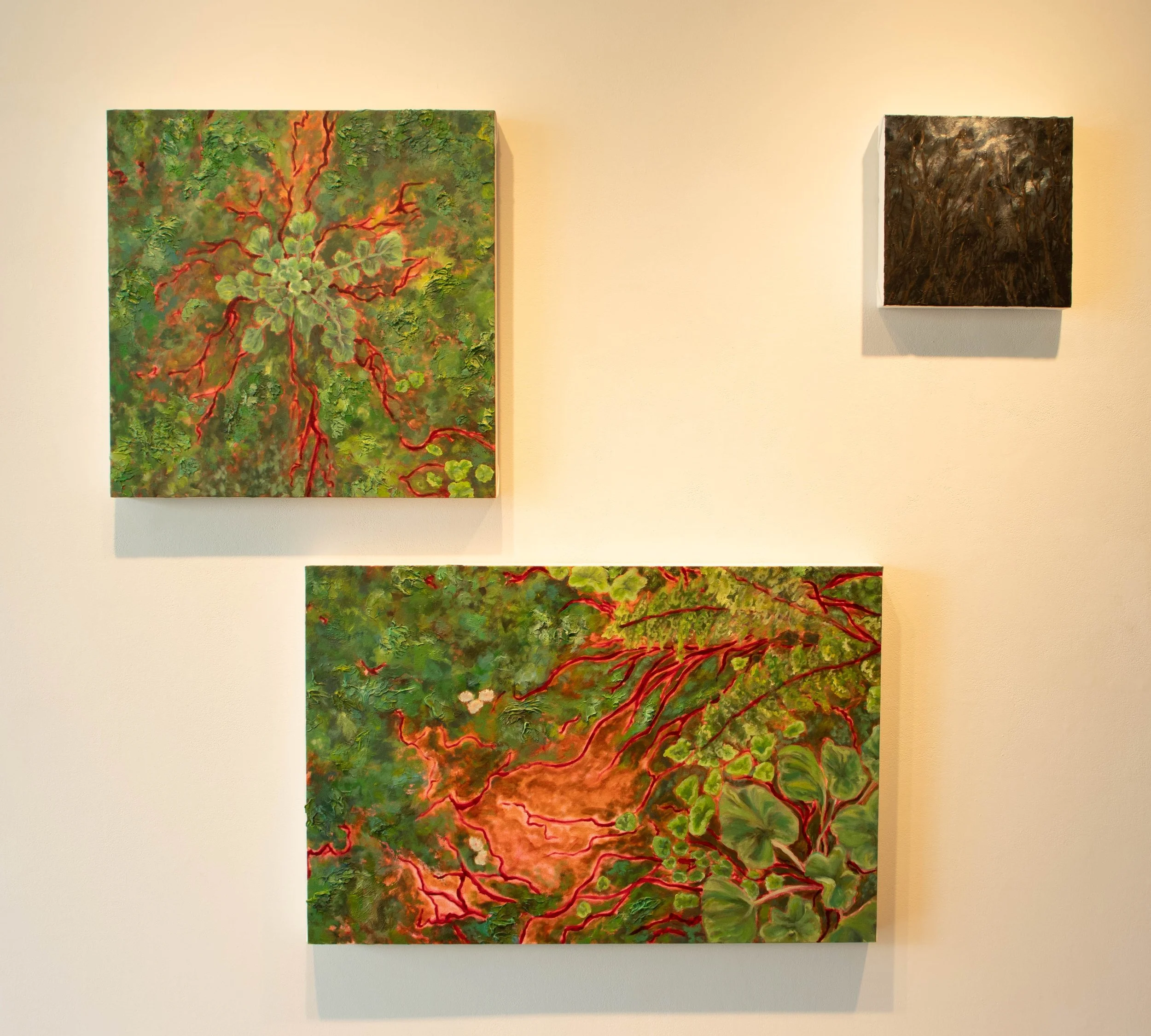 Tender in Vein, I See Angels Through the Cracks | 2024 | Oil on Canvas, Cold Wax Medium, Pearl Ex Powdered Pigments | 3 Part Series | 36 x 24, 24 x 24, 12 x 12 inches