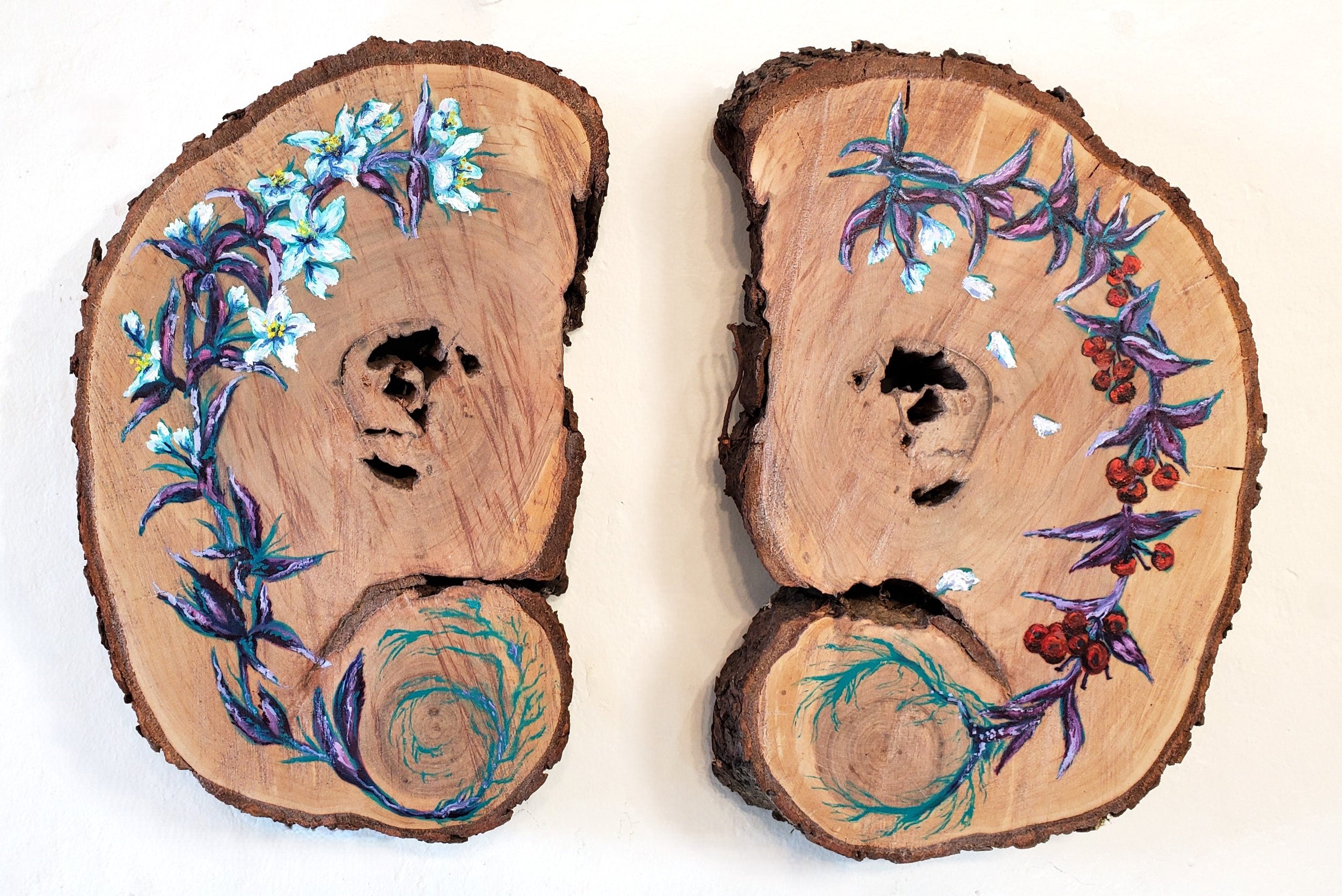 It's been heaven knowing you | 2025 | Oil on Crabapple Tree Slice | Approx. 13” x 8” each