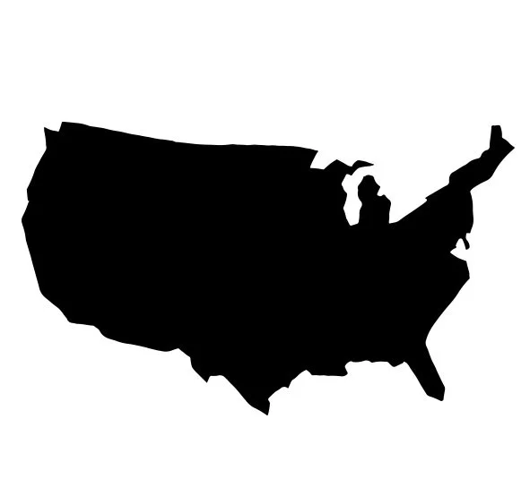 Black silhouette map of the United States of America.
