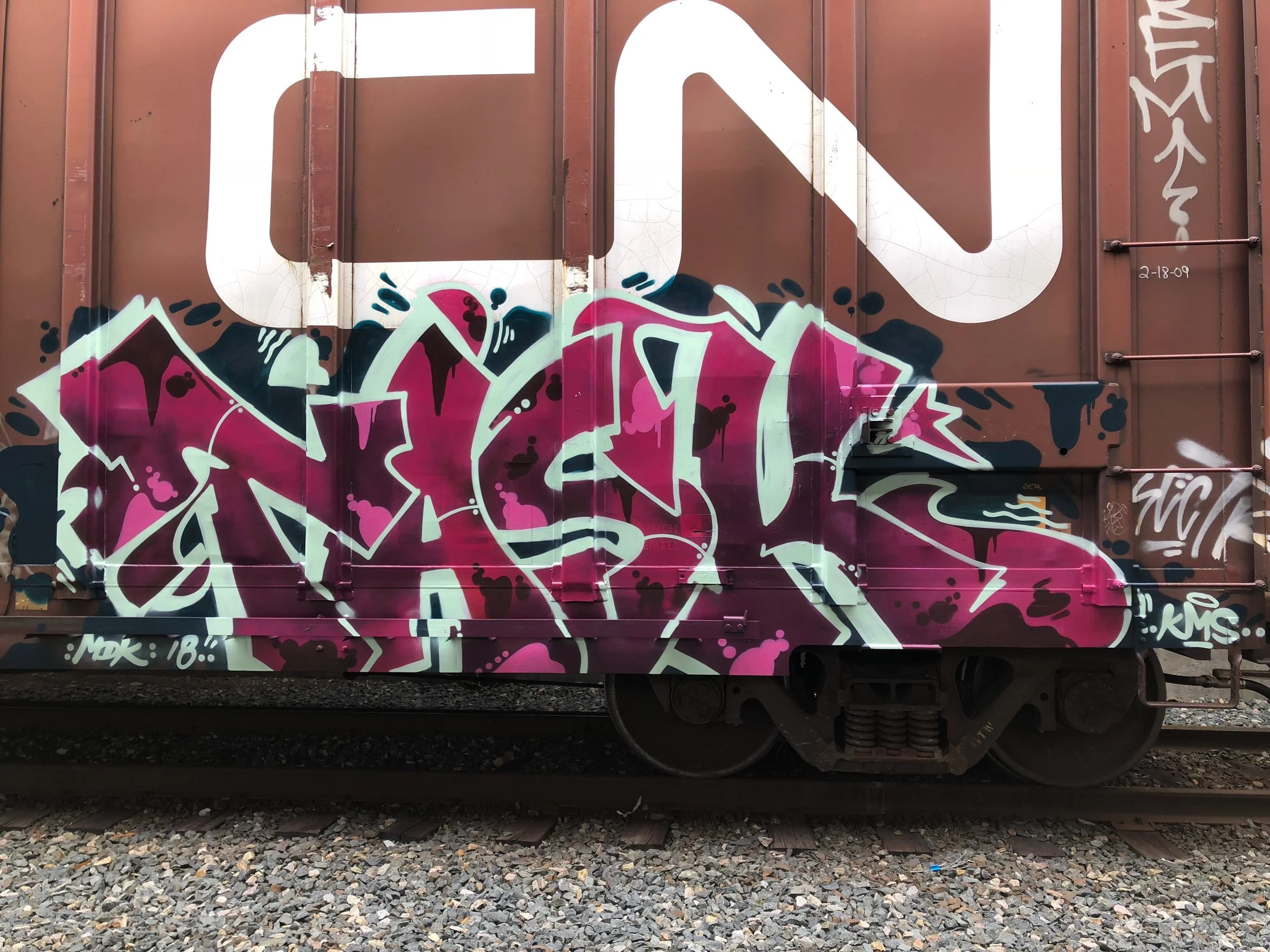 pink graffiti lettering on rusty CN boxcar train