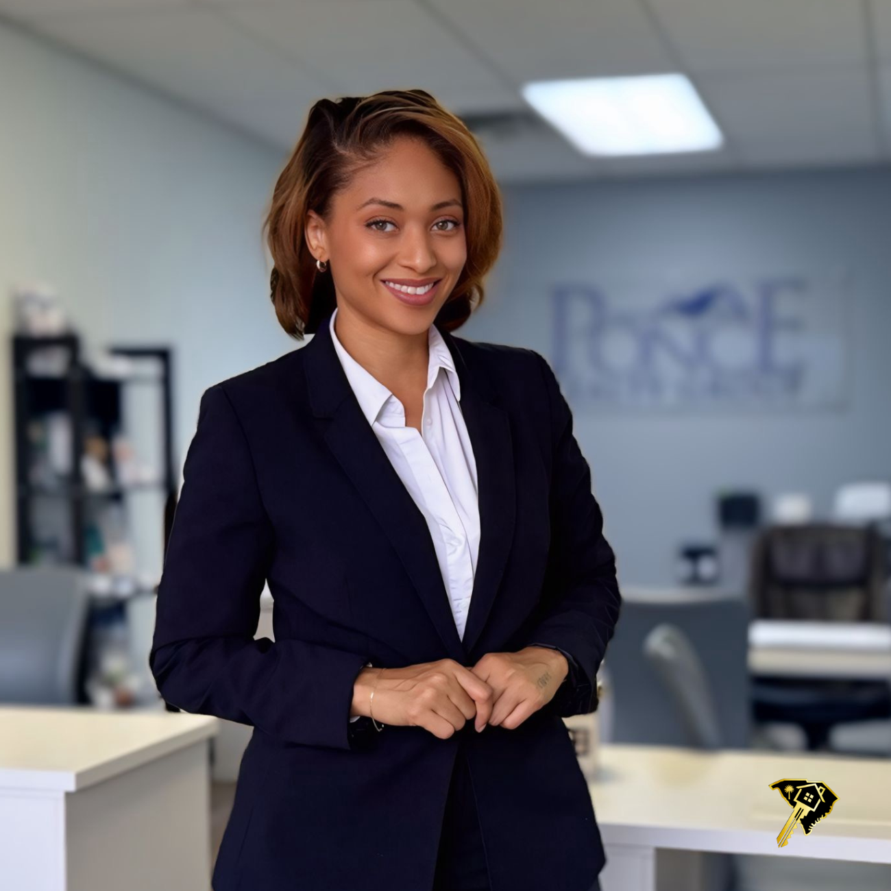 A woman in a black business suit standing in an office with a smile.