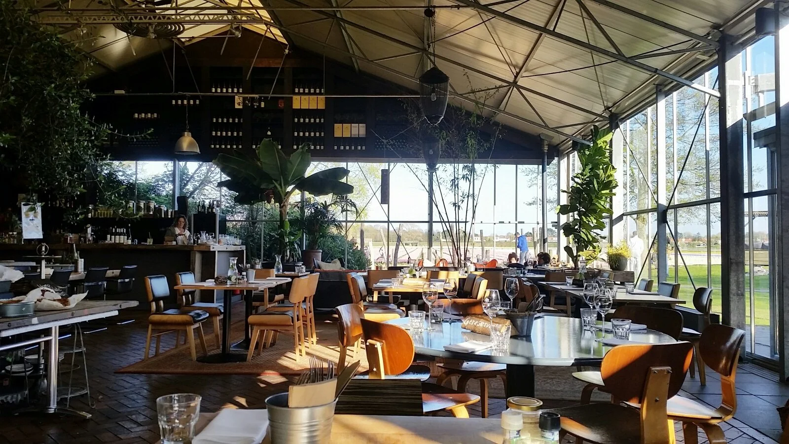 Interieur van een restaurant met grote ramen, houten stoelen en tafels met glazen en borden, een bar op achtergrond, en groene planten, met uitzicht op een terras en het landschap buiten.