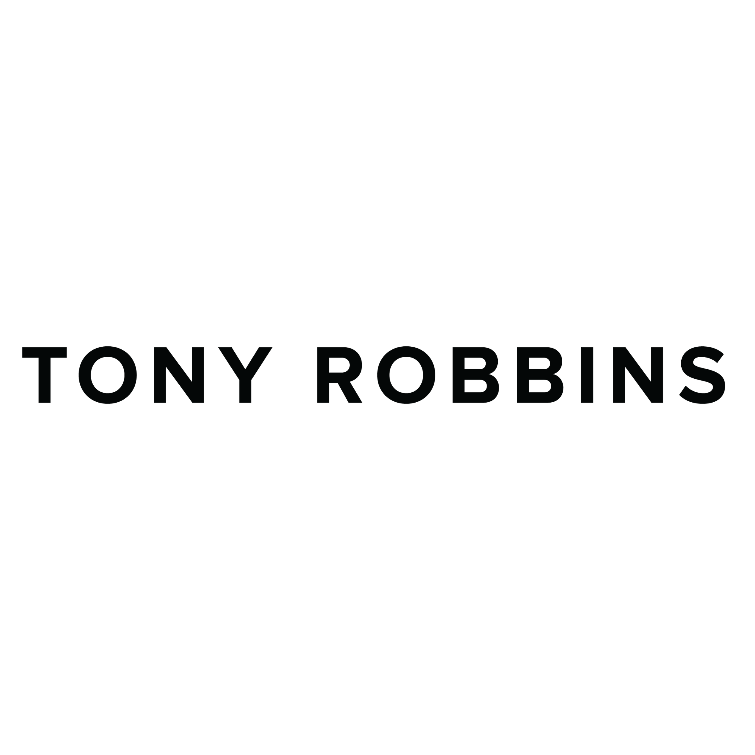 The image shows the text 'Tony Robbins' written in black uppercase letters against a white background.