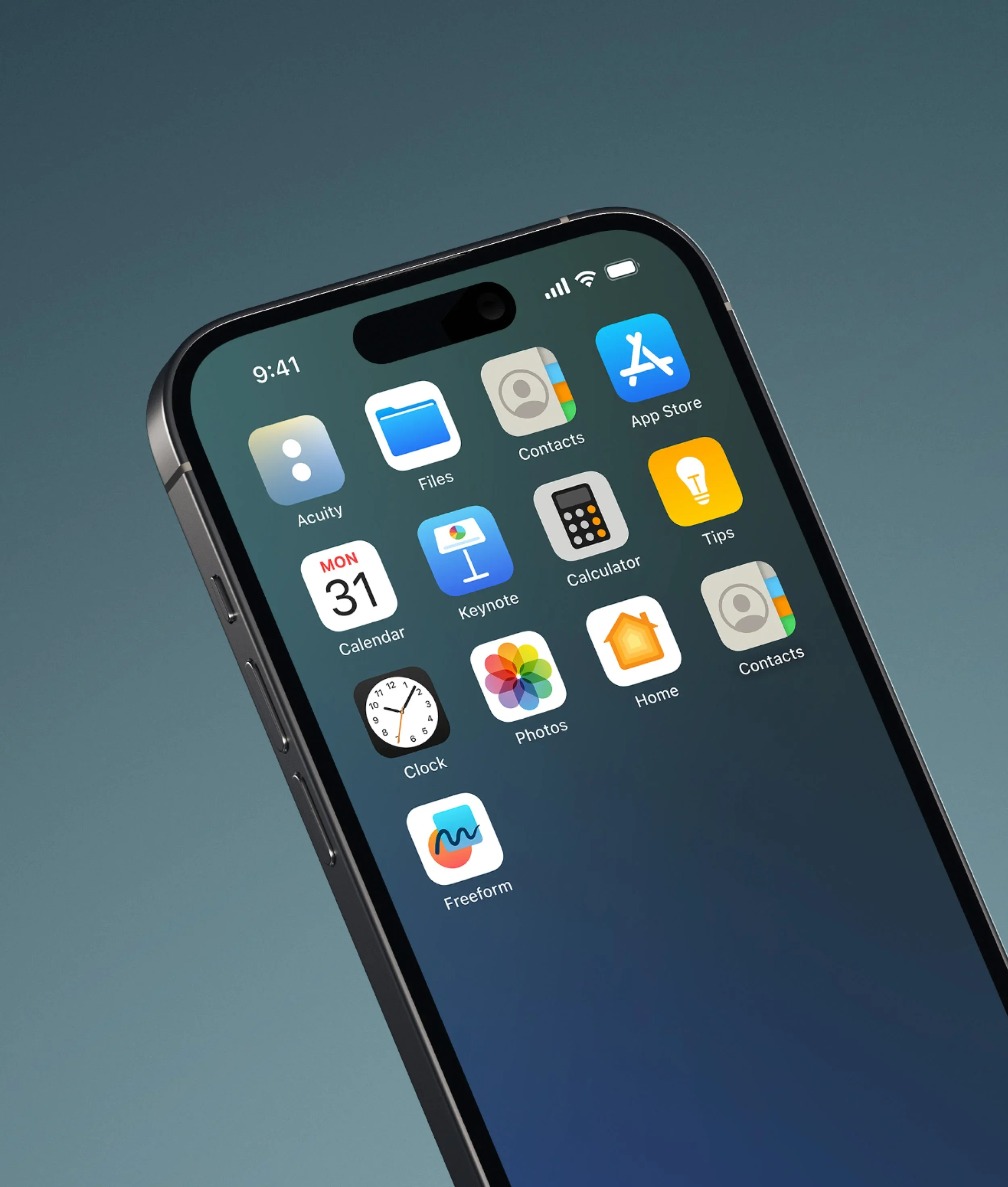 Close-up of a smartphone screen displaying various app icons including Calendar, Photos, Contacts, Clock, Home, and others.