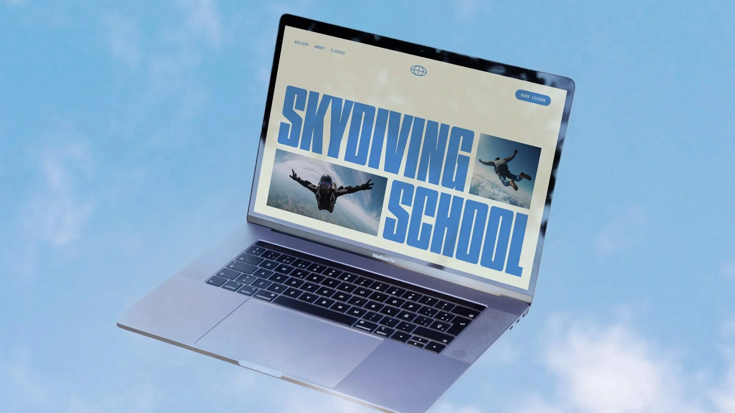Laptop floating in the sky with a webpage titled 'Skydiving School,' featuring images of skydivers.