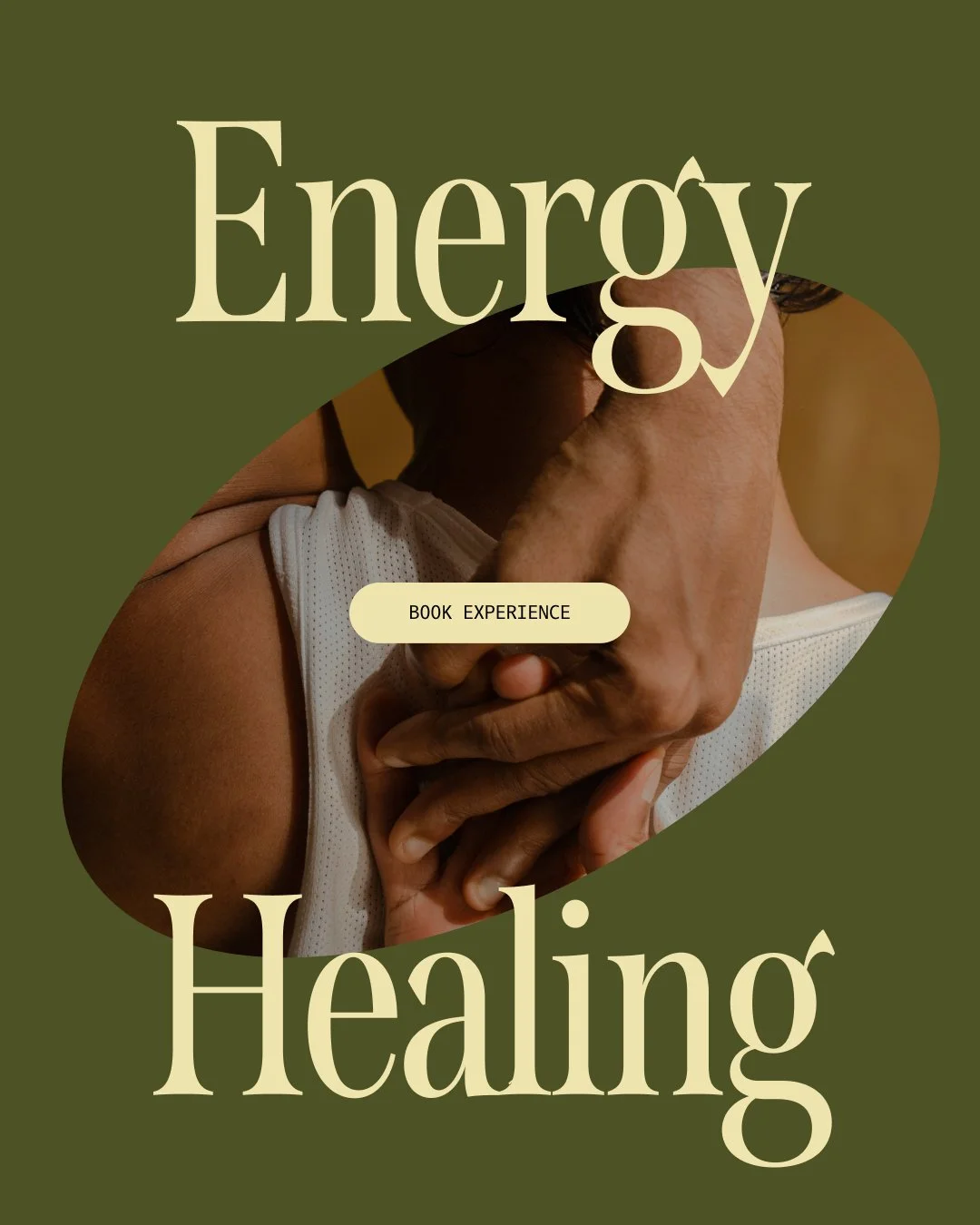 Close-up of two hands holding each other, with one person resting their head on the other's shoulder. Overlaid text reads 'Energy Healing' with a button labeled 'Book Experience.'