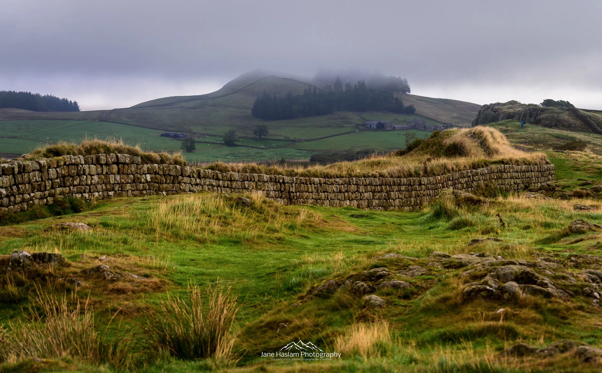 Misty morning by Hadrians Wall in September. Looking east towards Crag Lough. Steel Rigg, Northumberland.