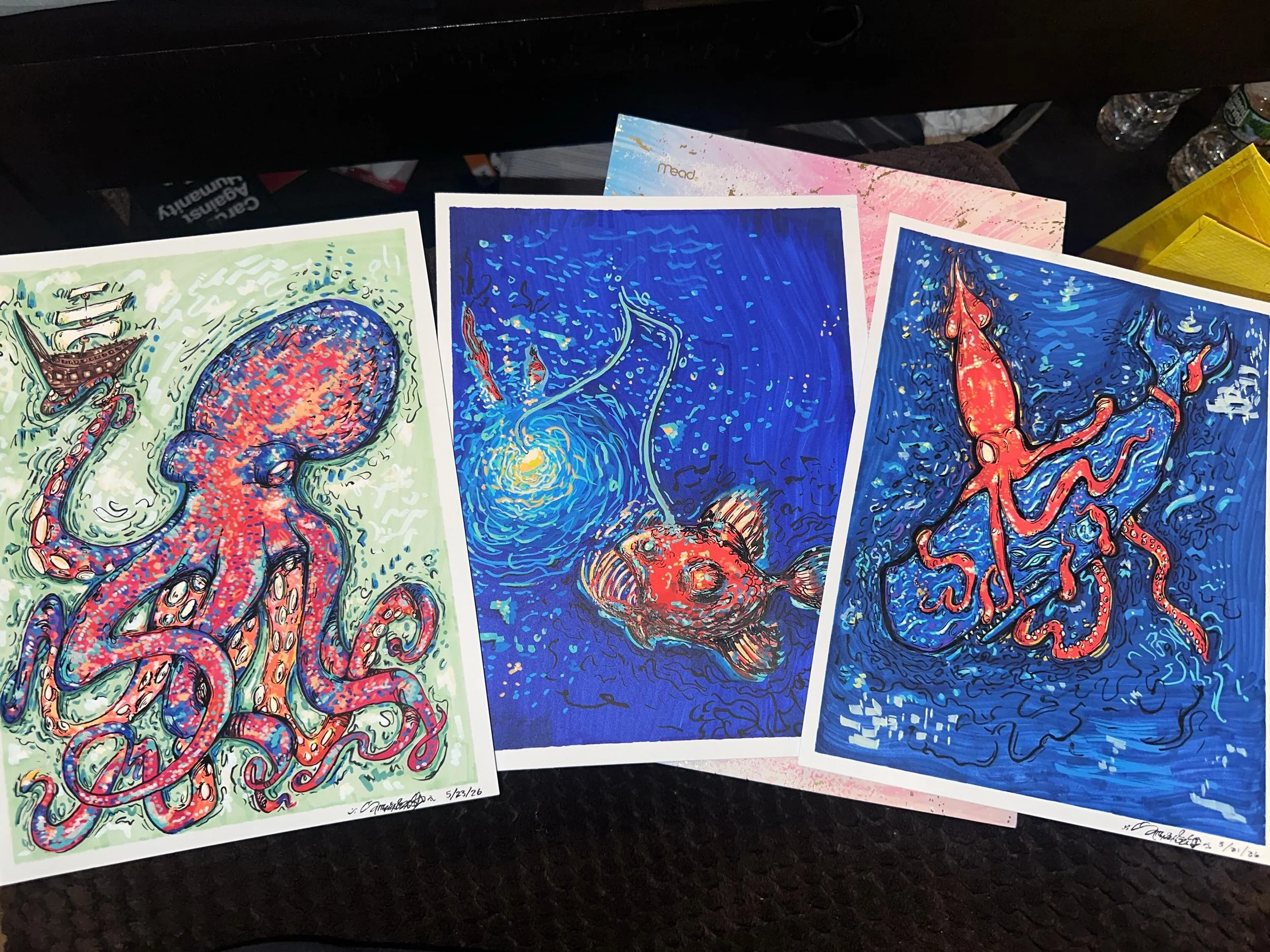 Never have I locked it more intensely than when making these. Prints dropping soon 🐙🦑🐋🎣

Which one is your favorite? (From left to right)
#anglerfish #octopus #oceanartist
