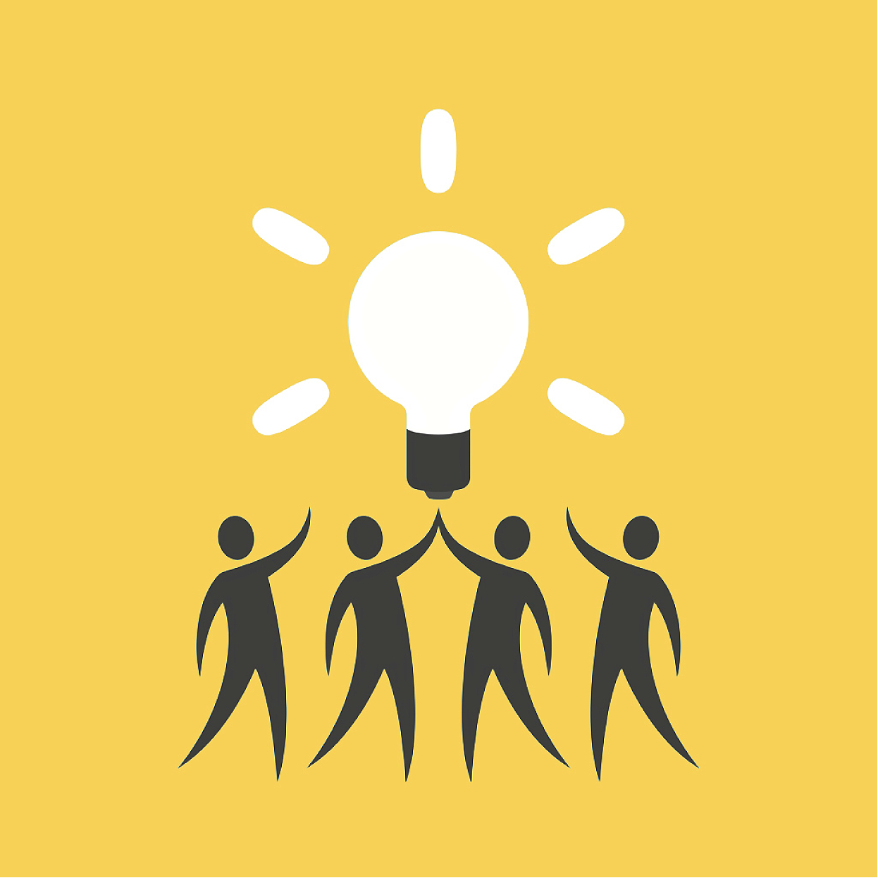 Four stylized human figures holding a large light bulb with a yellow background, symbolizing a shared vision.