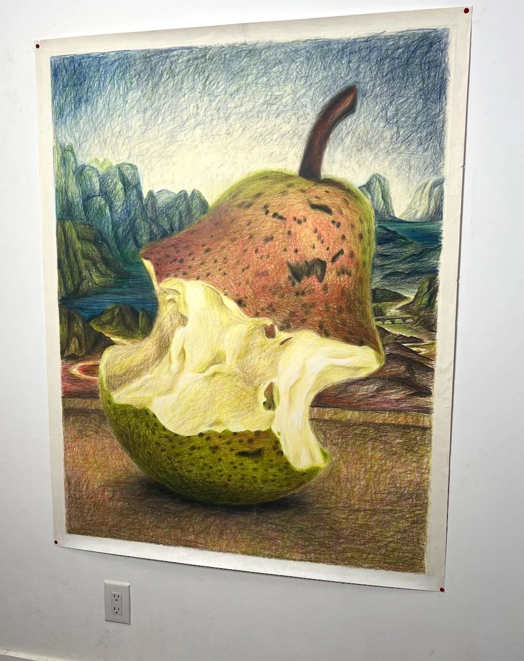 I'm preparing this large drawing for framing. This work is from my archive, drawn with color pencil in the 1990s and sitting rolled up for years. 

The piece is called &quot;Reminder&quot; and the following quote was originally written at the bottom: