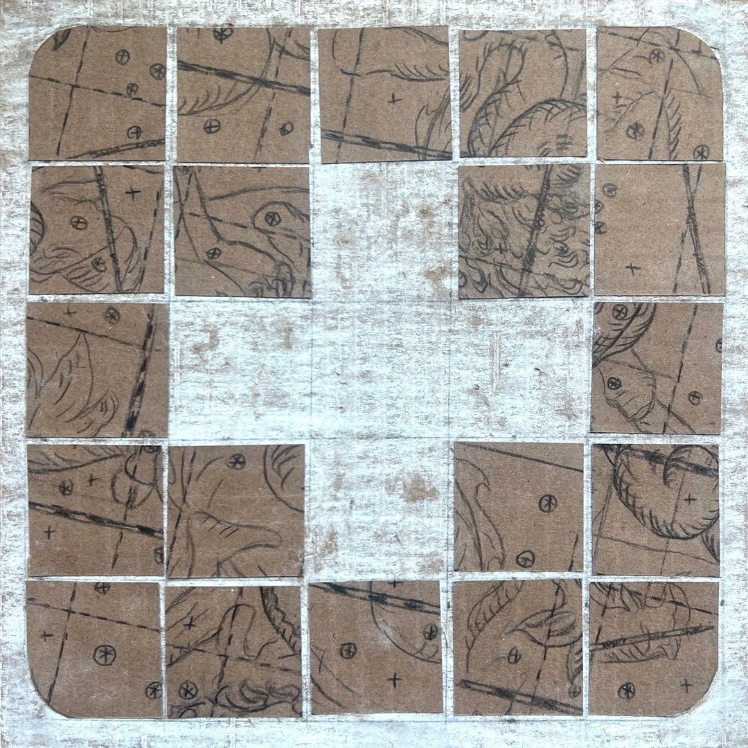 Open Studios this weekend @1890bryantstudios 

New Work: Untitled tile, 2024. Mixed media (color pencil, charcoal, cardboard), 8 x 8 in.
