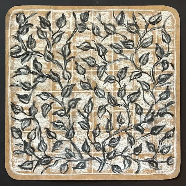 Untitled tile, 2024. 
Mixed media (charcoal, cardboard), 6 x 6 in.