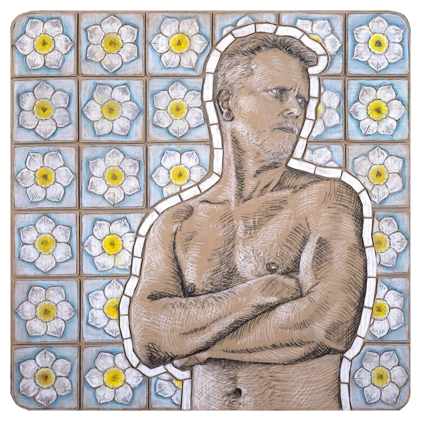 I have been working on a new series of self-portraits and works from selfies, with themes of making the private public, relevant to the times we live in. This is the first work from the series.

Narcissus poeticus, 2025. 
Mixed media (charcoal, paste