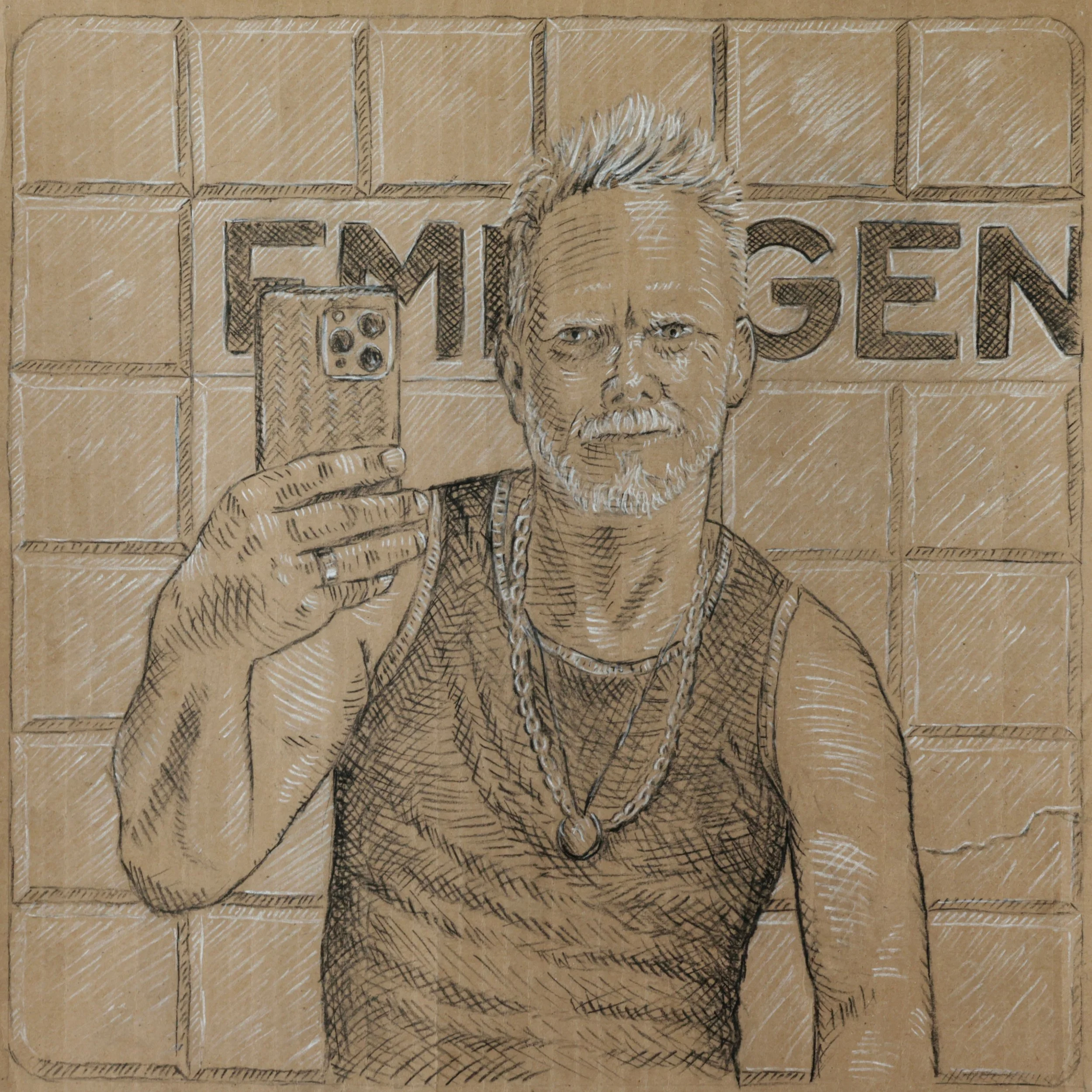 Work in my new series of mostly self-portraits, drawn with charcoal on kraft paper reclaimed from used cardboard boxes. Profile - Emergency (15 Mar 2025), 2026. Charcoal and pastel on kraft paper, 15 x 15 in.